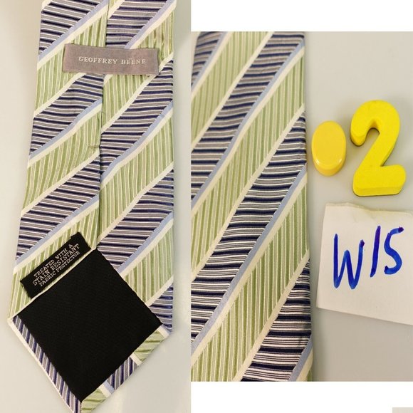 GEOFFREY BEENE Men's 100% Silk Lime Green Gray Neck Tie STANDARD Striped Chevron - Picture 12 of 13